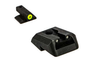 The Night Fission Novak Night Sights Perfect Dot set for 1911 handguns feature Tritium with a yellow outline